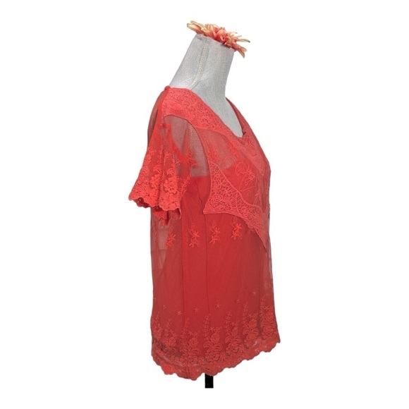 Sfera Coral Sheer Lace Embroidered Short Sleeve Top M - Picture 3 of 10